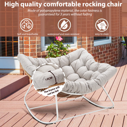 White Iron Frame Light Gray Cushioned Wicker Rocking Chair