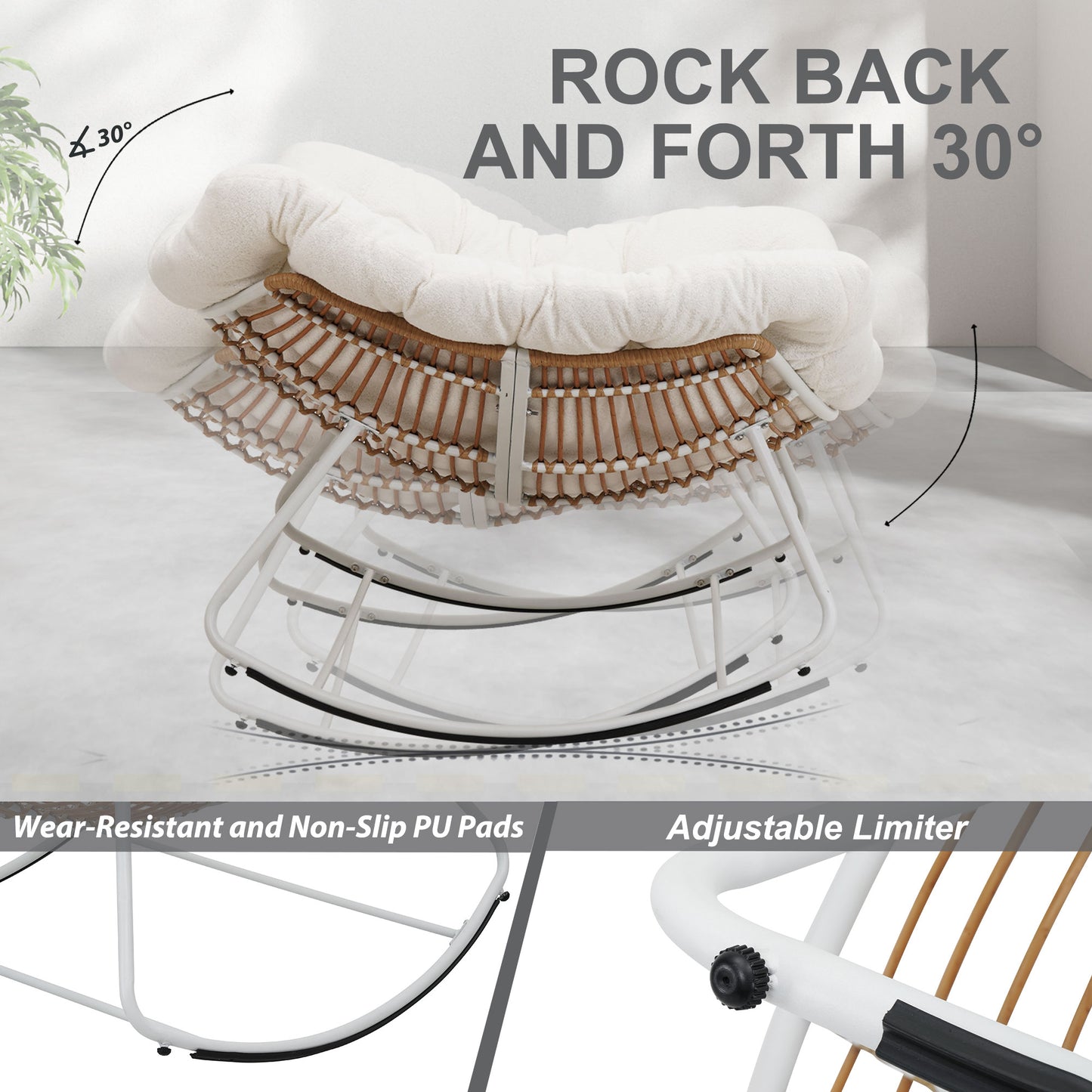 White Iron Frame White Cushion Rattan Rocking Chair