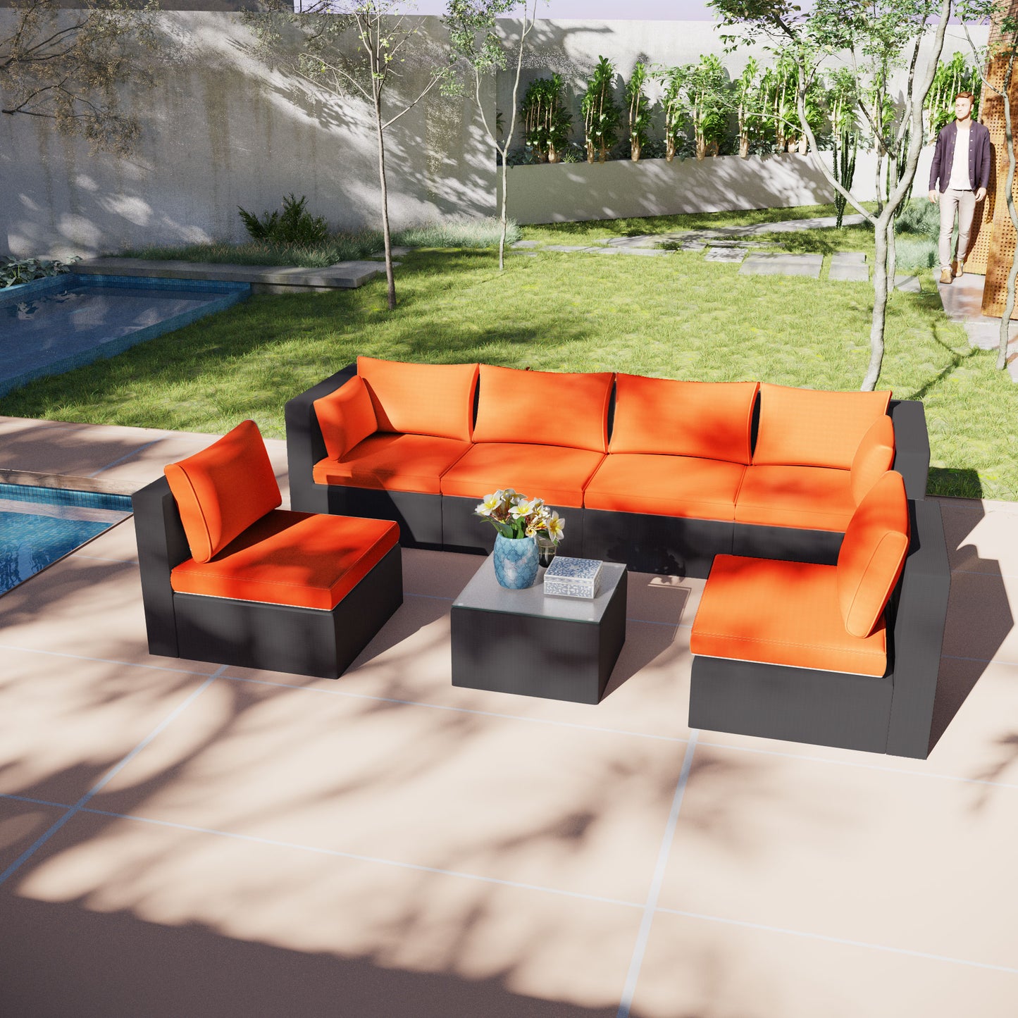 Luxury 7-Piece Patio Set, All-Weather Wicker Rattan Sofa & Coffee Table Complete Set