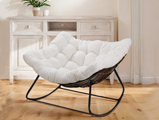 Wicker Rocking Chair with Padded Cushion & Gray Iron Frame for Porch, Patio, Garden