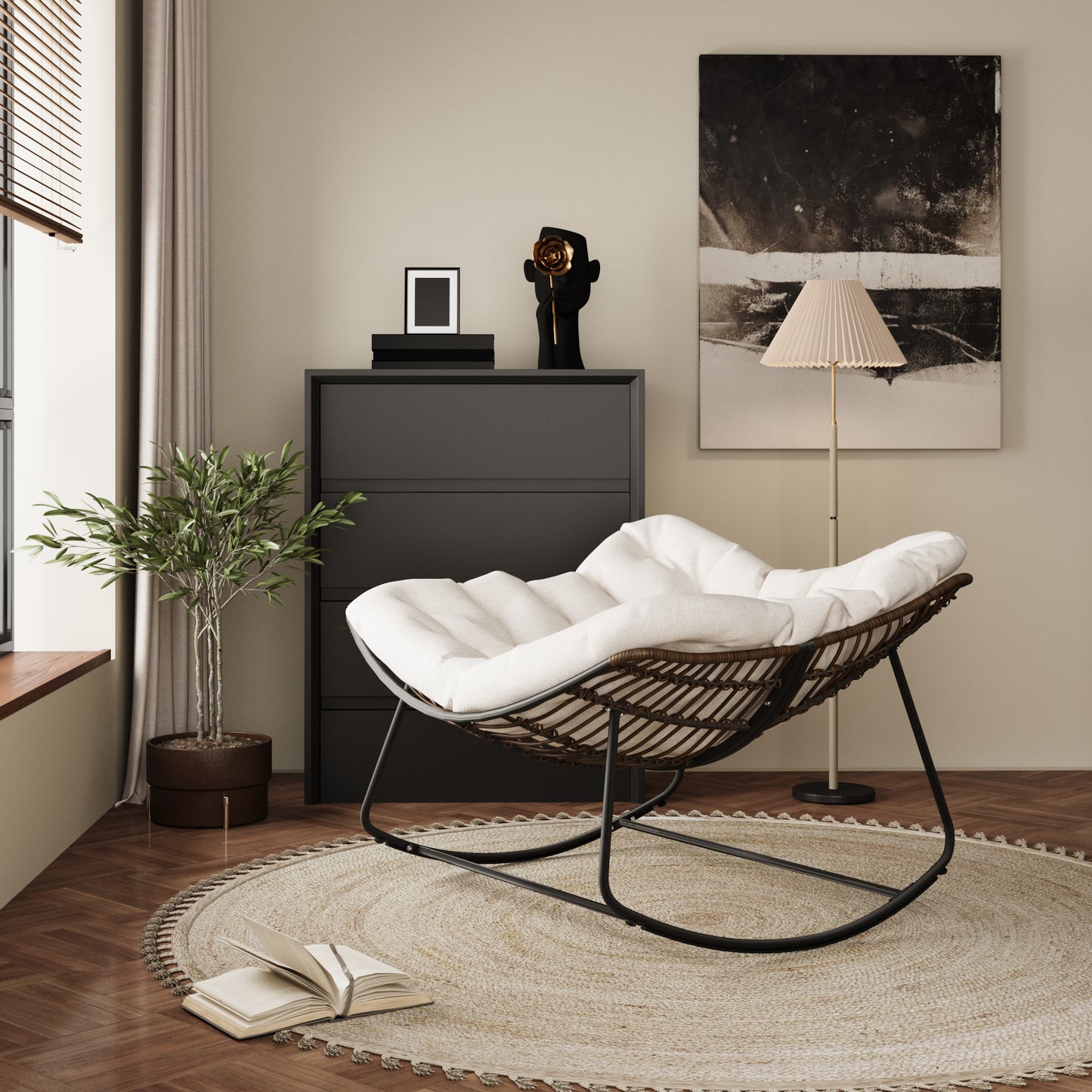 Dark Gray Iron Frame White Cushioned Rattan Rocking Chair