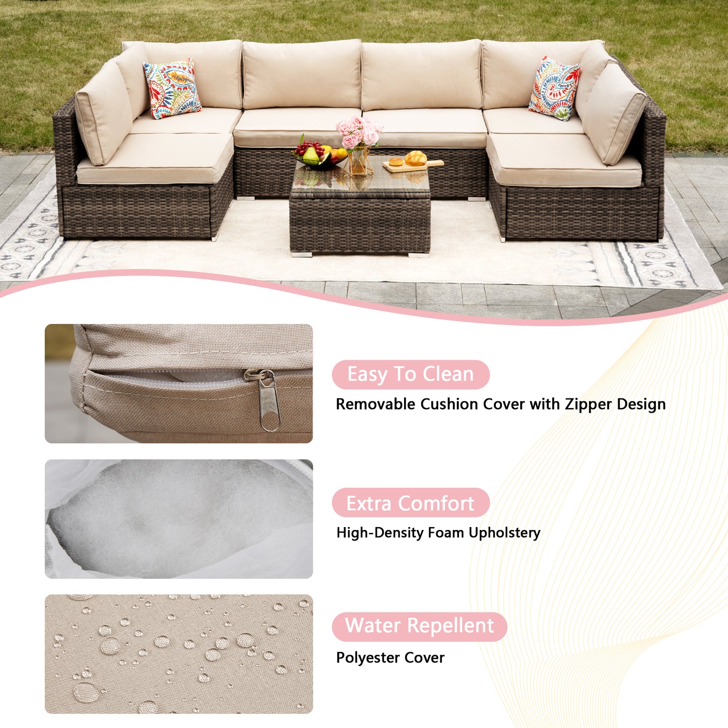 Beige Cushion Rattan Sofa 7 Piece Set