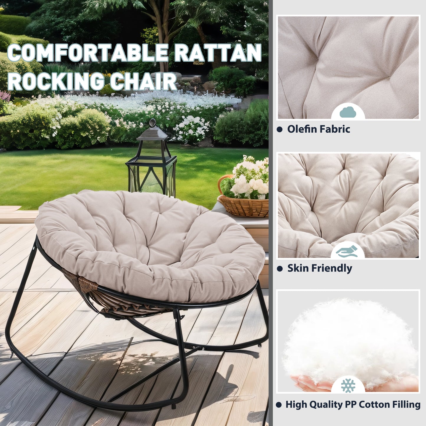 Black Iron Frame Beige Bamboo Fabric Rocking Chair