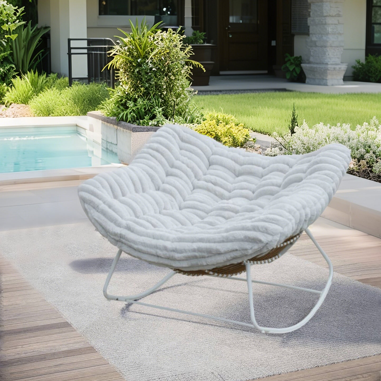 Classic Wicker Papasan Rocking Chair – Oversized Rocking Chair with Plush Cushion for Cloud-Like Comfort, Indoor & Outdoor Use