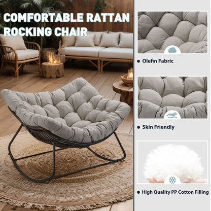 Dark Gray Iron Frame Gray Cushion Wicker Rocking Chair