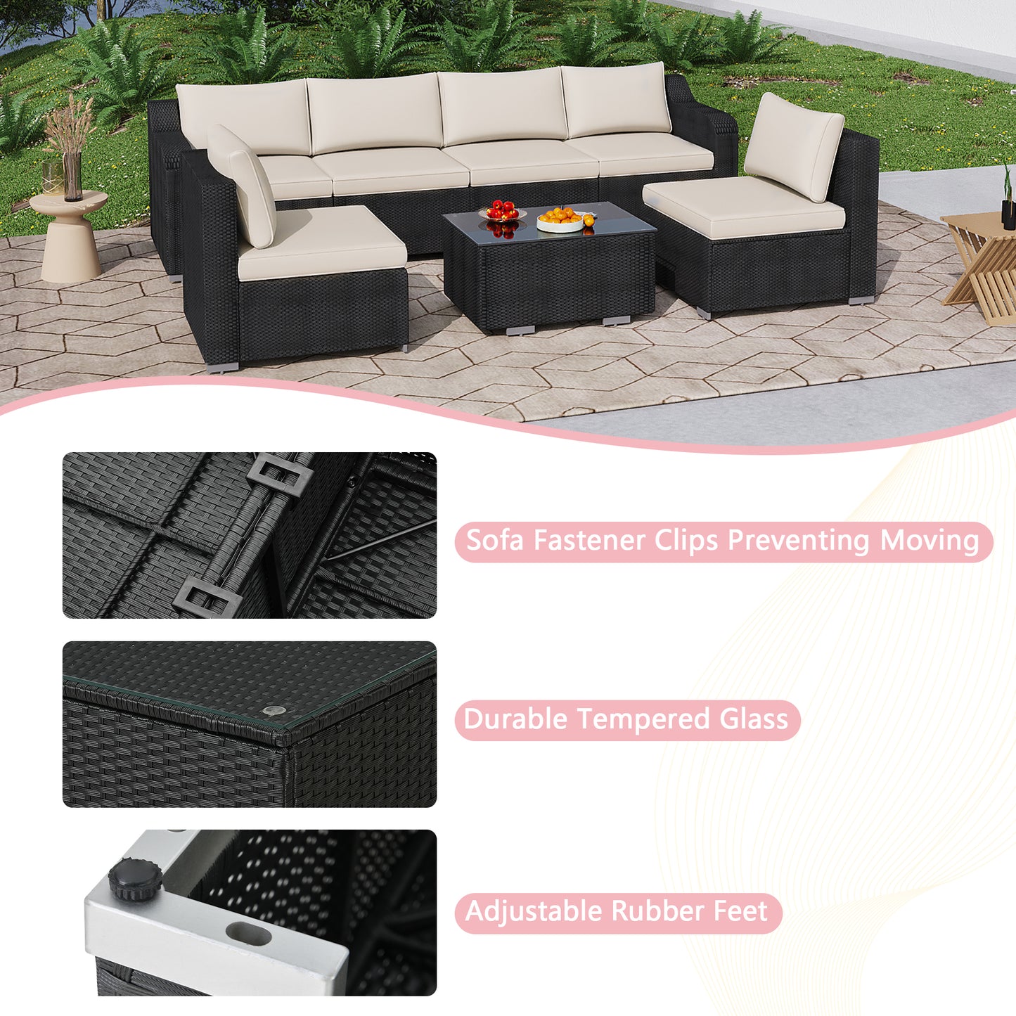 Beige Cushion Rattan Sofa 7 Piece Set