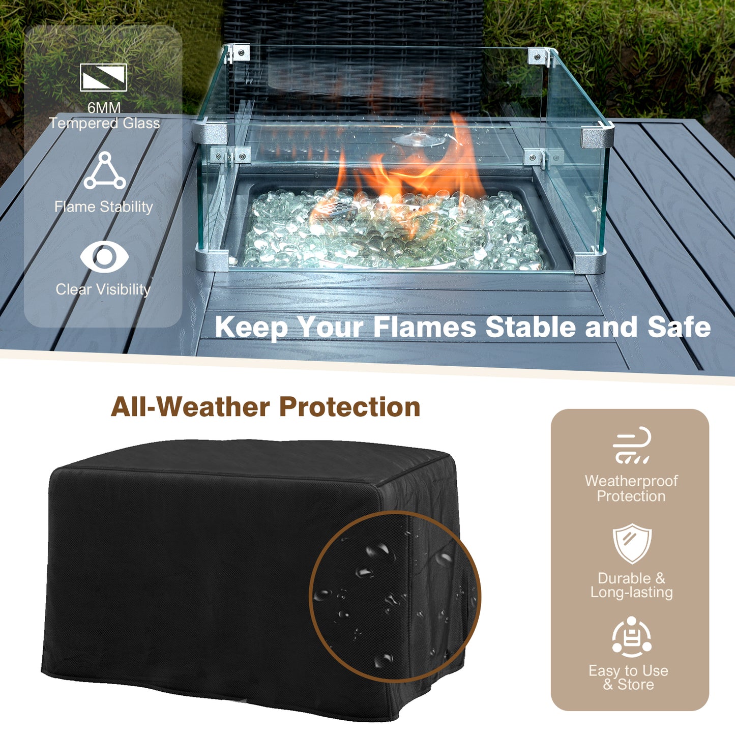 36" Square High-Top Propane Fire Pit Table – 50,000 BTU with Wicker Base, Glass Wind Guard & Rain Cover, All-Weather Patio Kit
