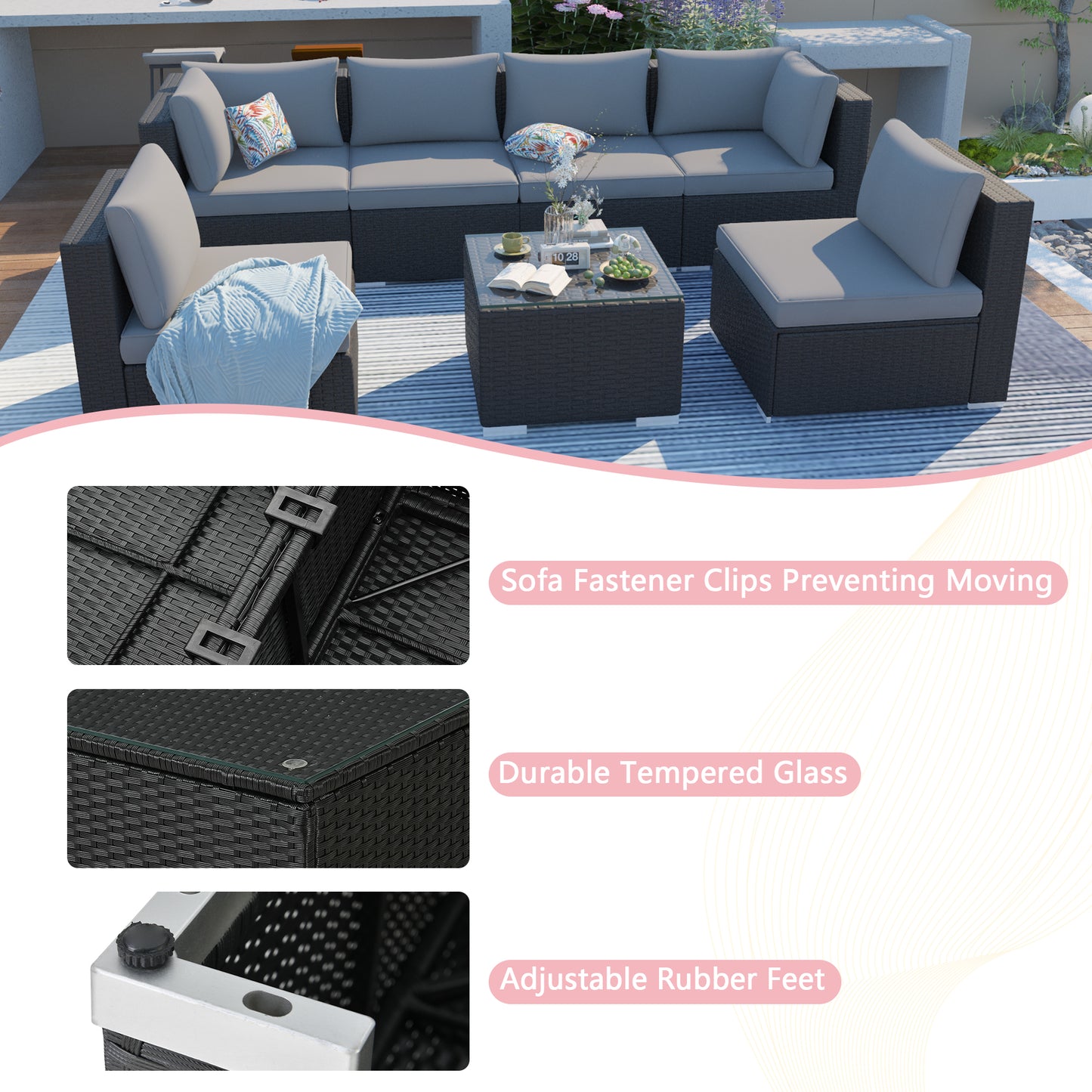 Black Cushion Rattan Sofa 7 Piece Set