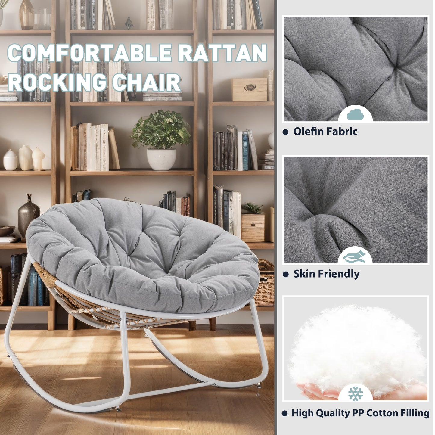 White Iron Frame Gray Bamboo Fabric Rocking Chair