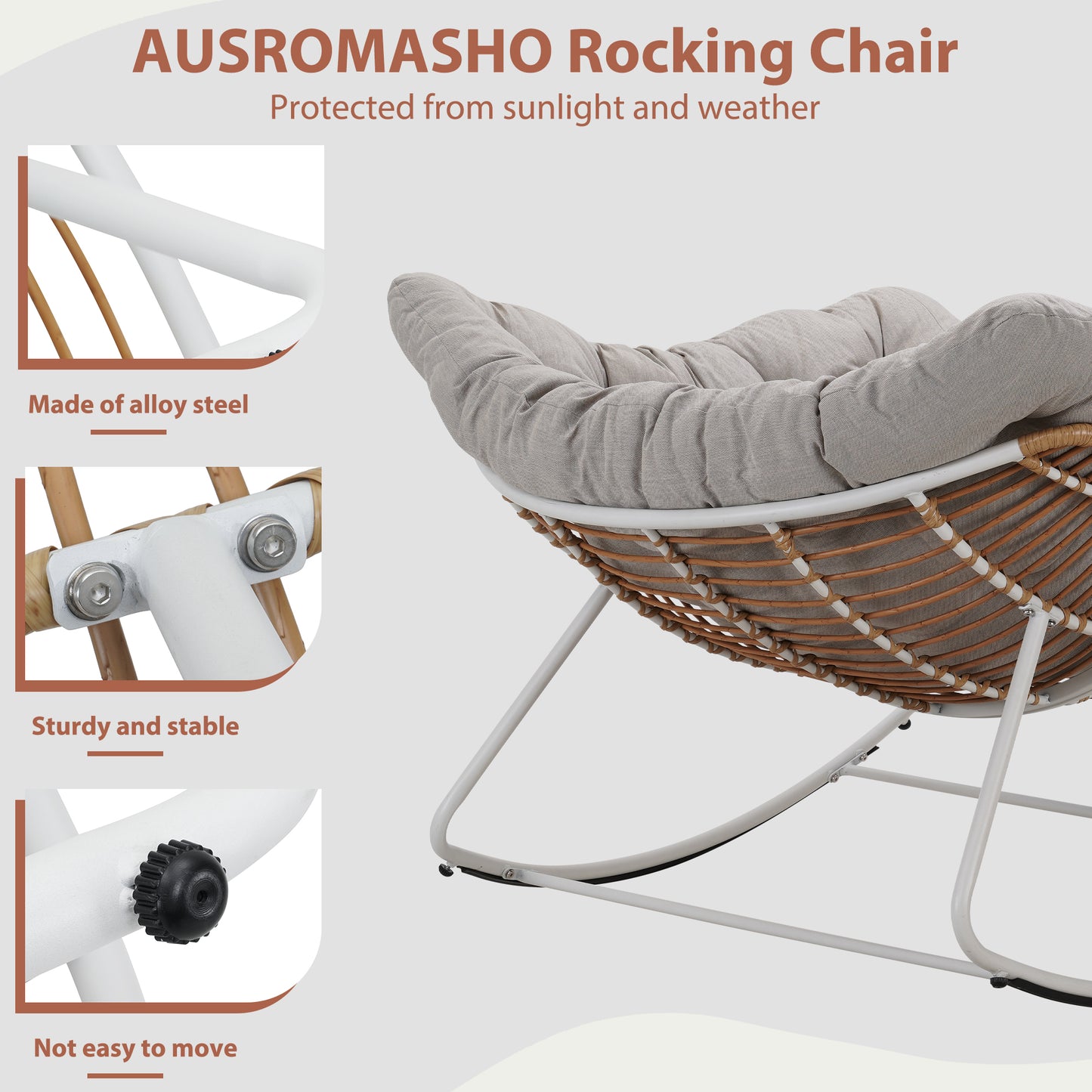 White Iron Frame Light Gray Cushioned Wicker Rocking Chair