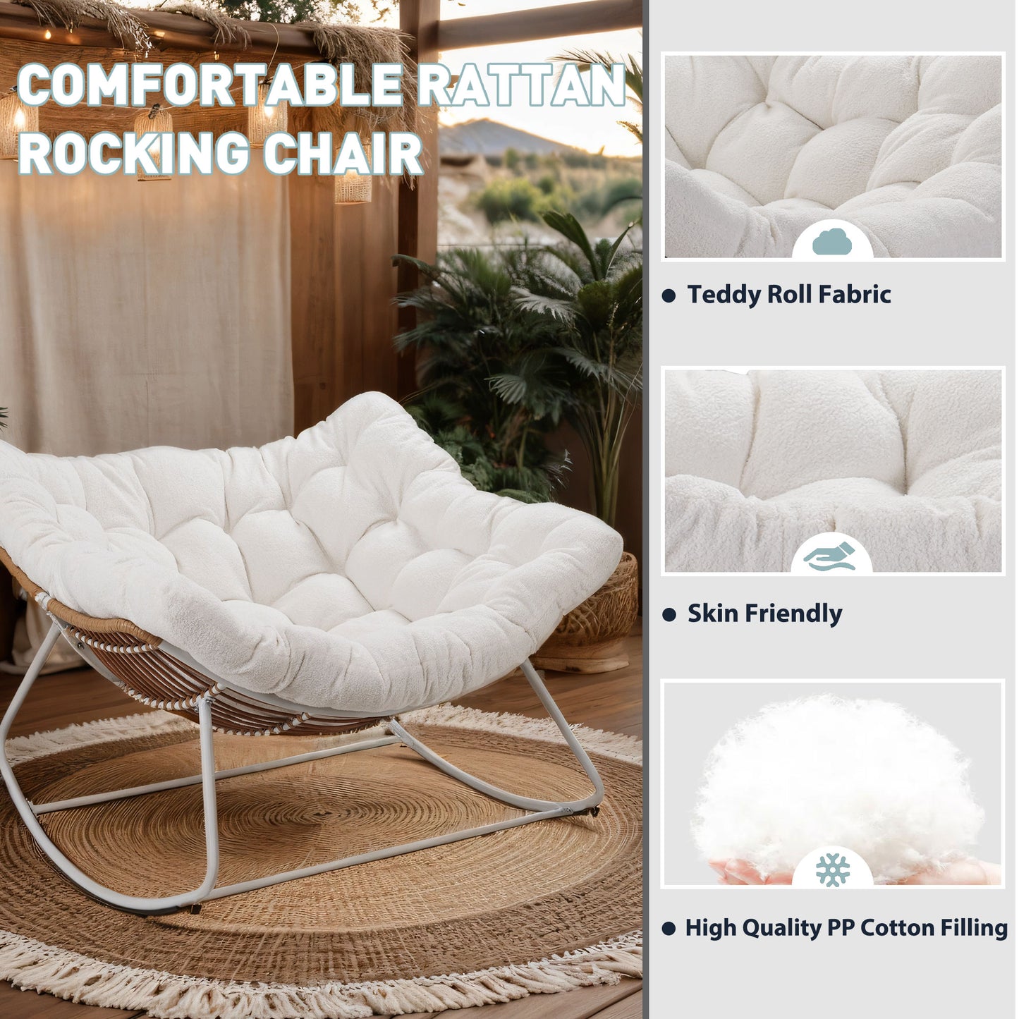 White Iron Frame White Cushion Rattan Rocking Chair