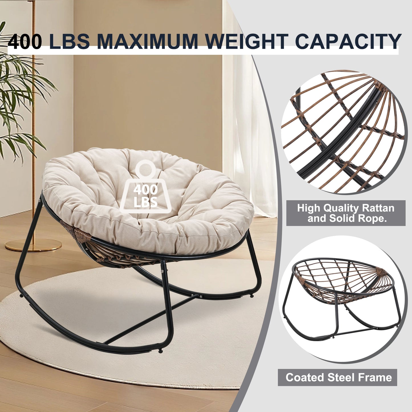 Black Iron Frame Beige Bamboo Fabric Rocking Chair