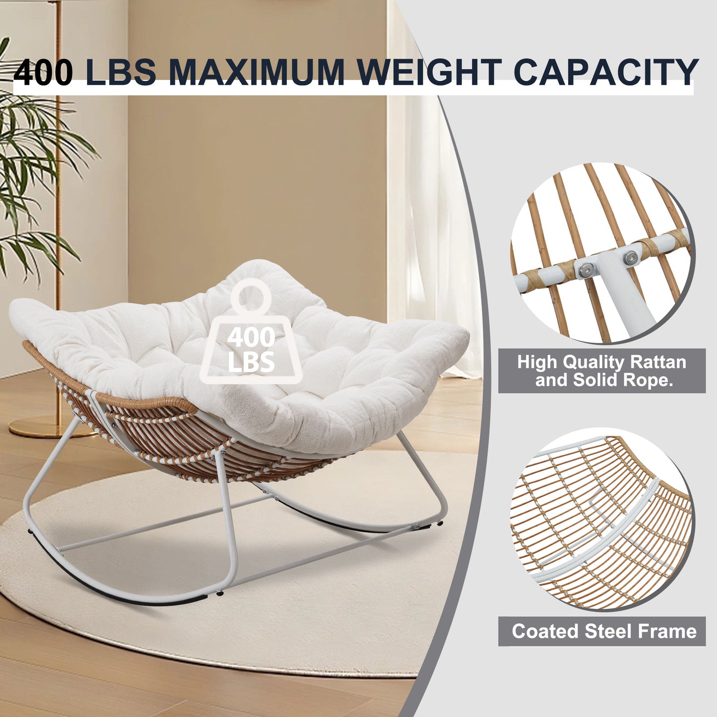 White Iron Frame White Cushion Rattan Rocking Chair