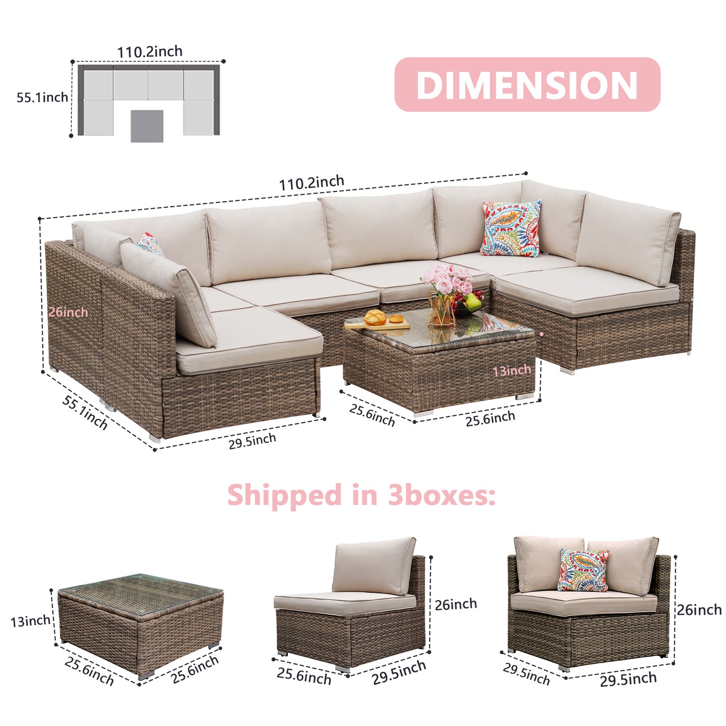 Brown Cushion Wicker Sofa 7 Piece Set