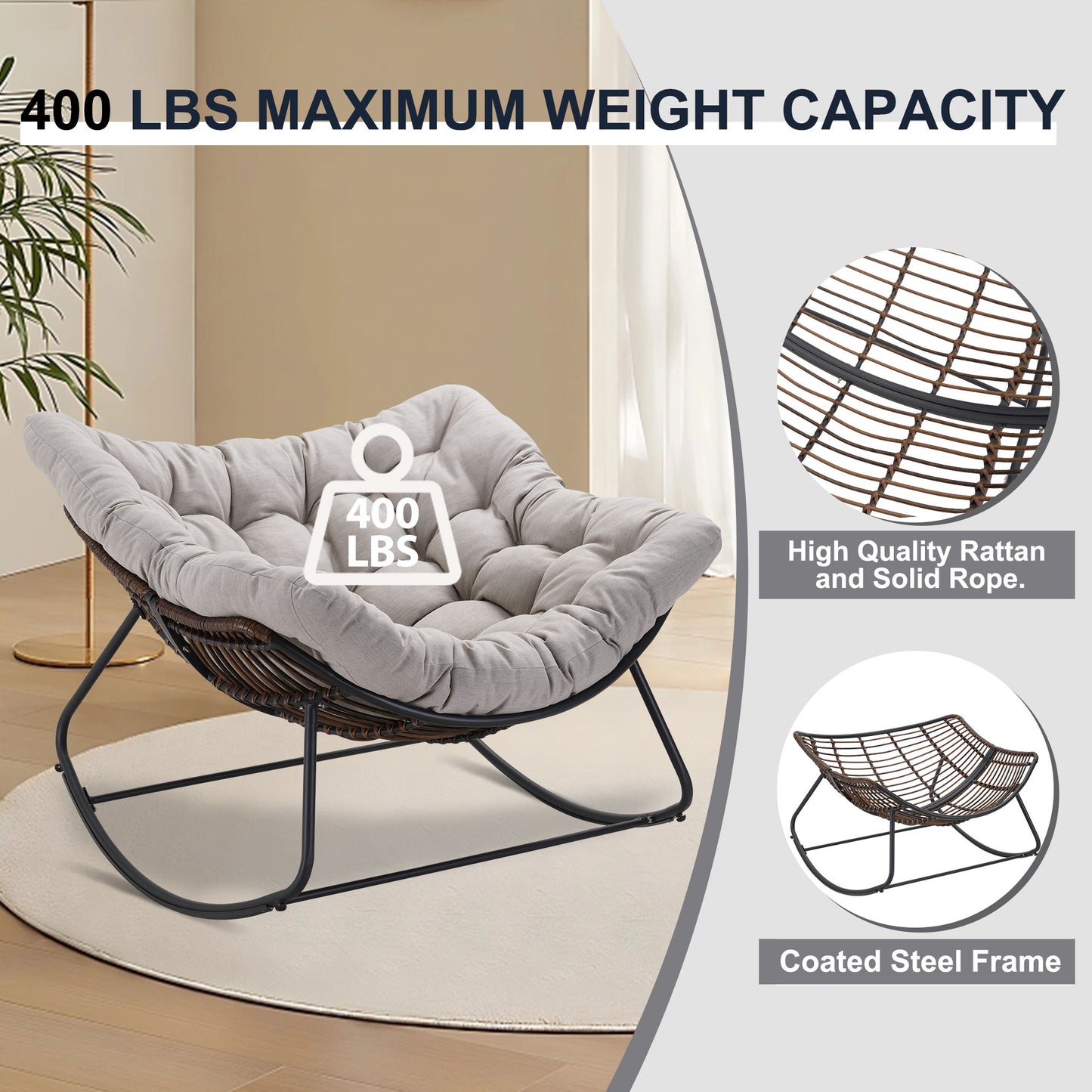 Dark Gray Iron Frame Gray Cushion Wicker Rocking Chair