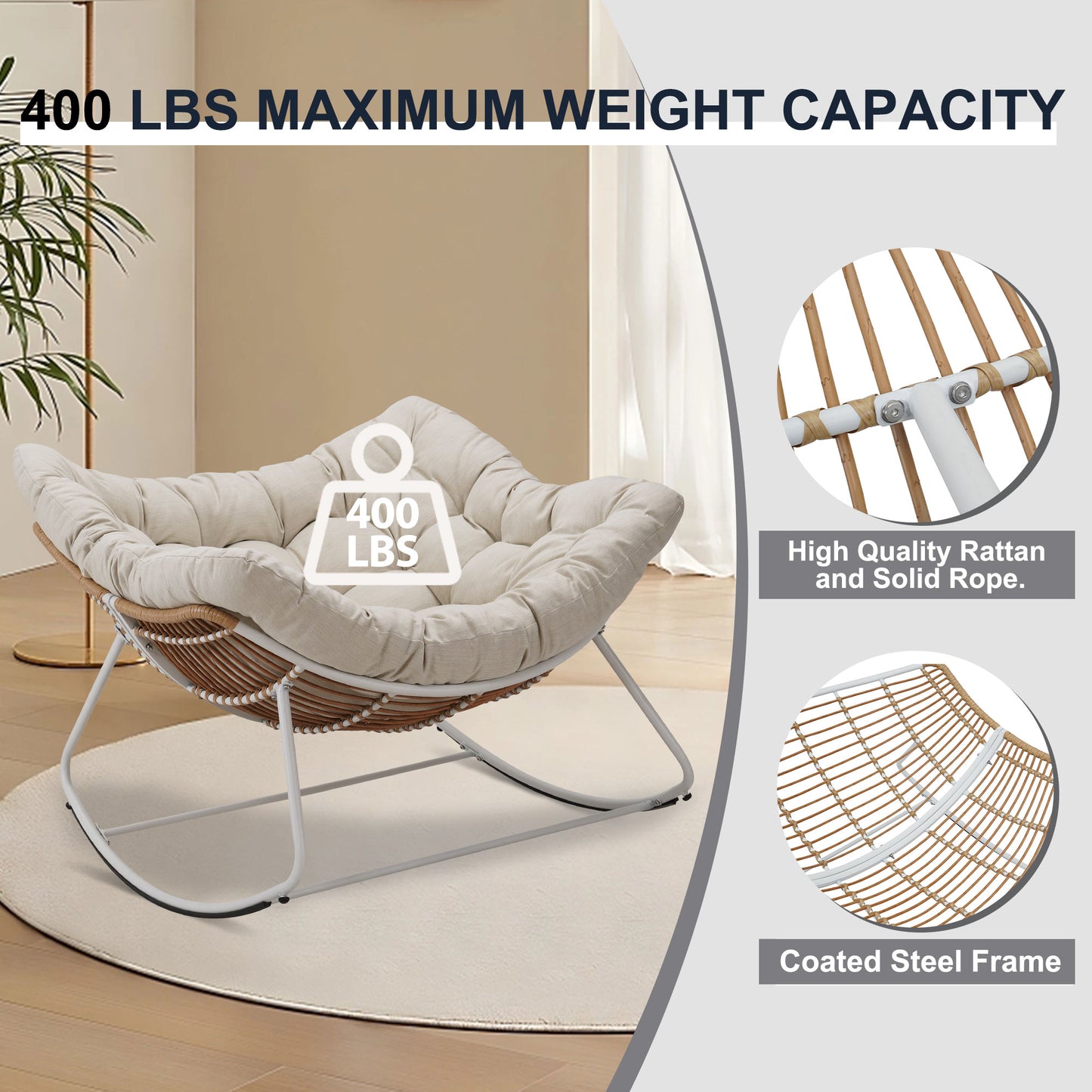 White Iron Frame Beige Cushioned Rattan Rocking Chair