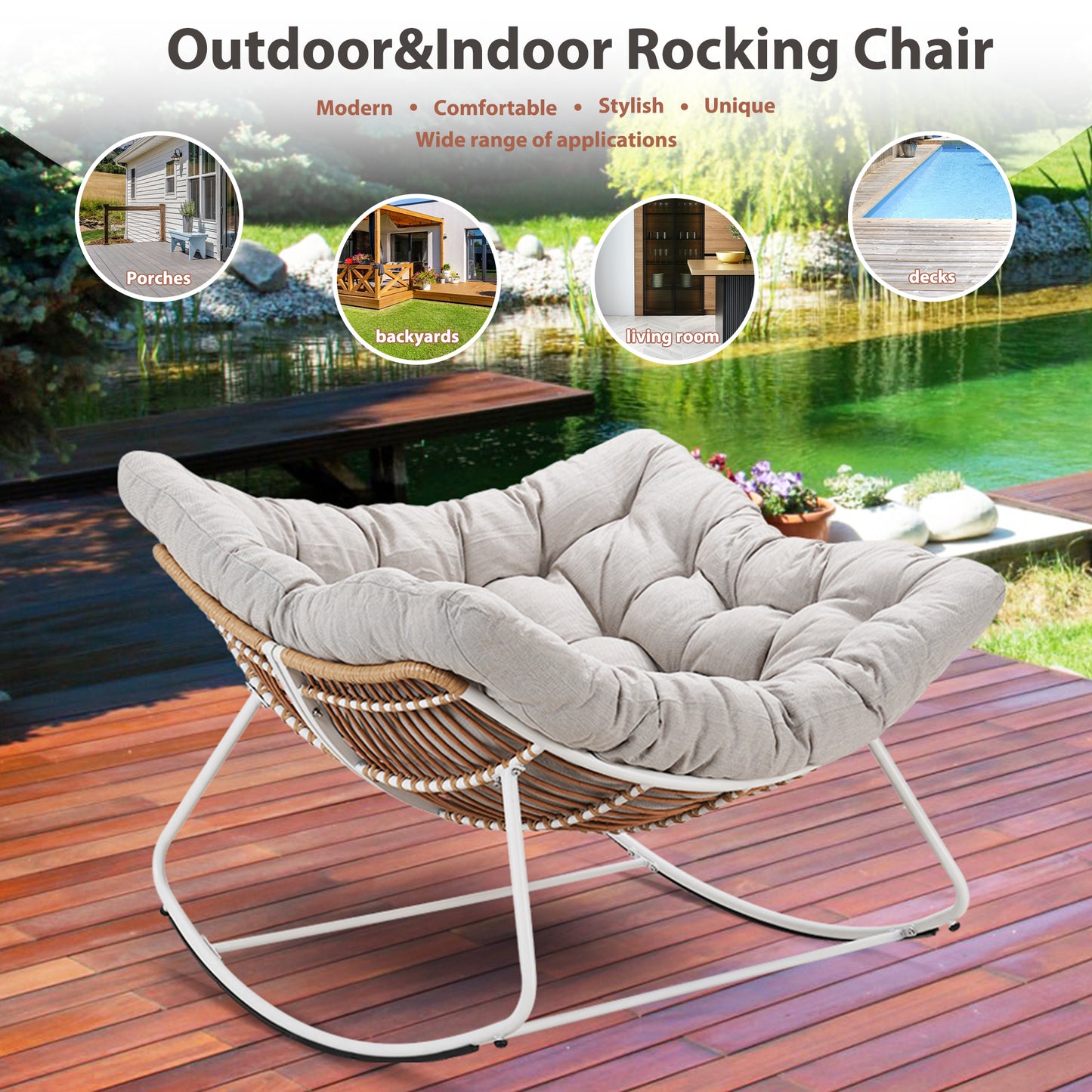 White Iron Frame Light Gray Cushioned Wicker Rocking Chair