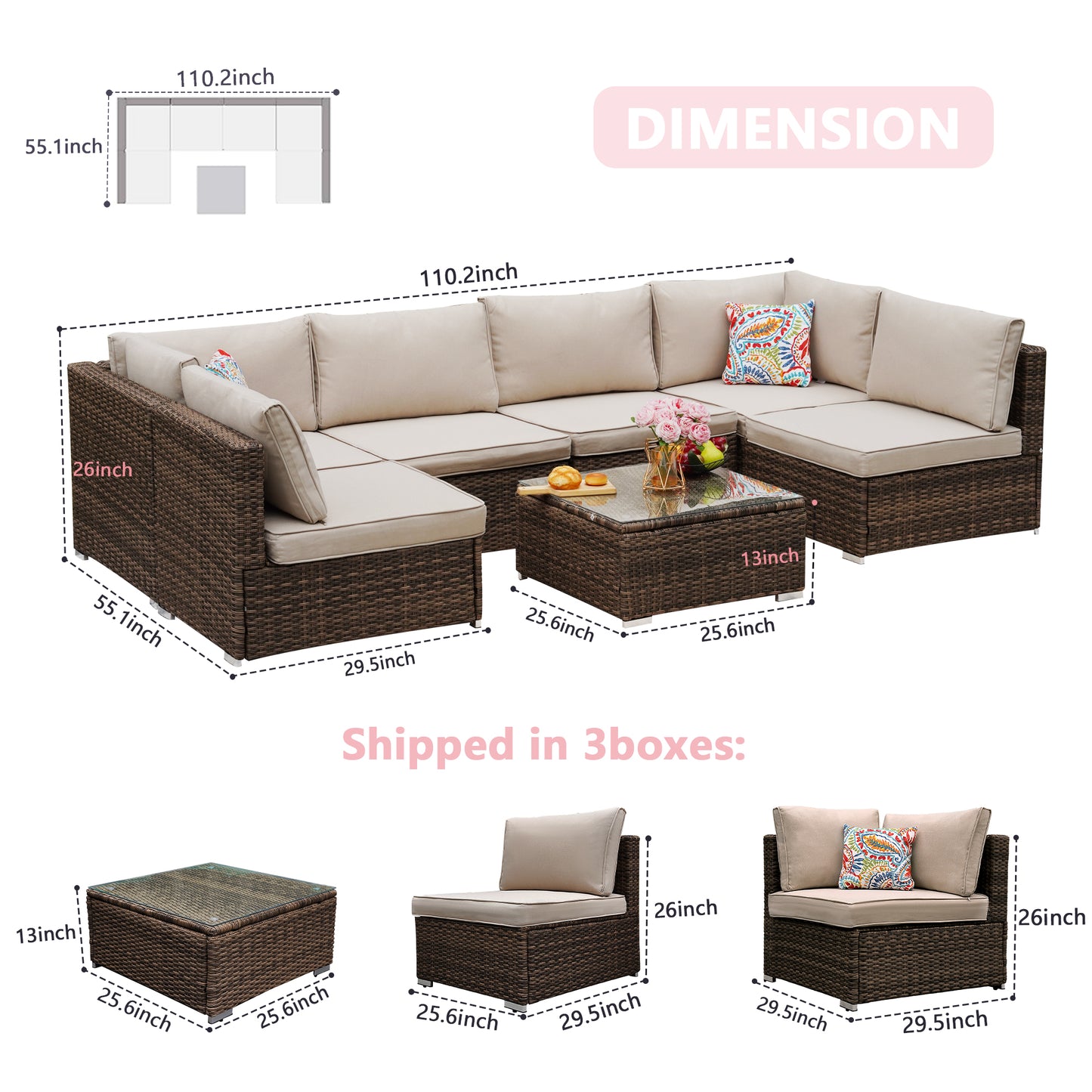Beige Cushion Rattan Sofa 7 Piece Set