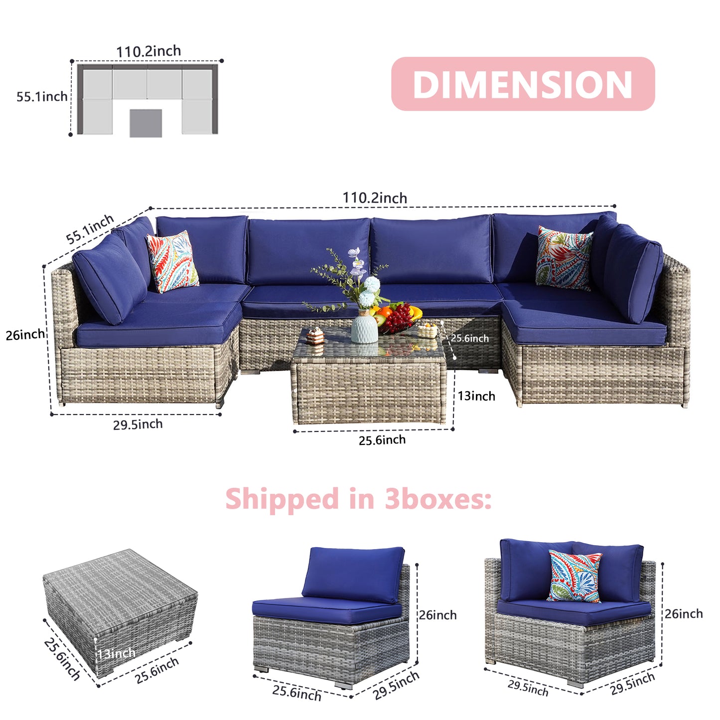 Navy Blue Cushion Rattan Sofa 7 Piece Set