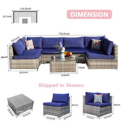 Navy Blue Cushion Rattan Sofa 7 Piece Set