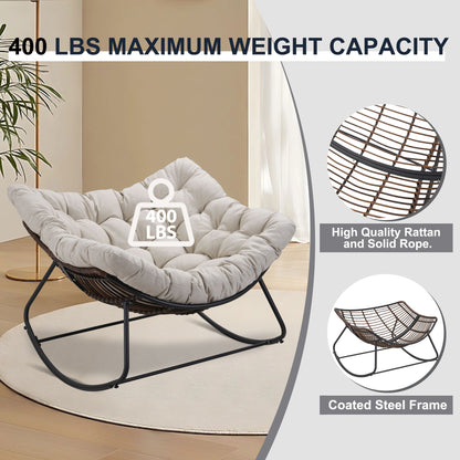 Dark Gray Iron Frame Beige Cushioned Rattan Rocking Chair