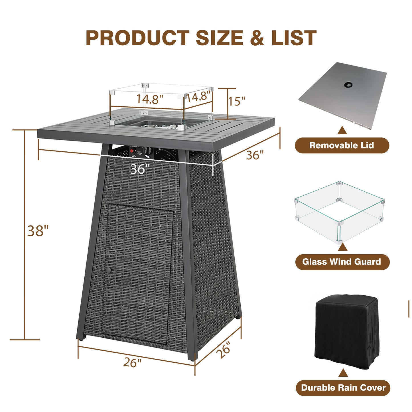 36" Square High-Top Propane Fire Pit Table – 50,000 BTU with Wicker Base, Glass Wind Guard & Rain Cover, All-Weather Patio Kit