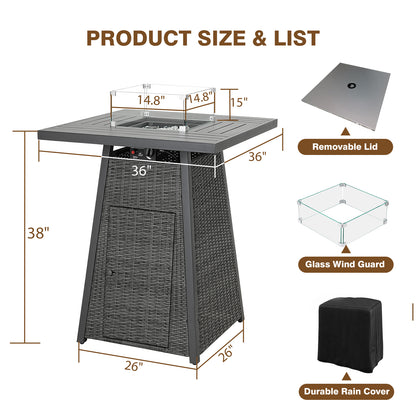 36" Square High-Top Propane Fire Pit Table – 50,000 BTU with Wicker Base, Glass Wind Guard & Rain Cover, All-Weather Patio Kit