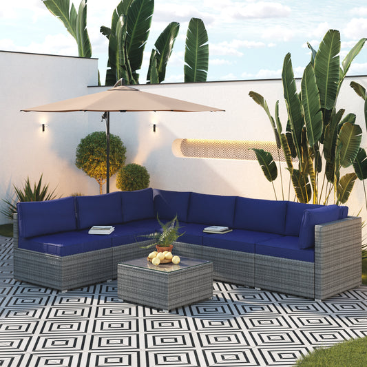 Navy Blue Cushion Rattan Sofa 7 Piece Set