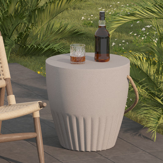 16.5" Concrete Side Table, Gray Cone Shape with Hemp Rope Accent – Indoor Outdoor Plant Stand, Narrow End Table
