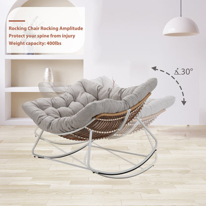 White Iron Frame Light Gray Cushioned Wicker Rocking Chair