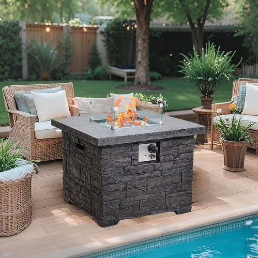 32-Inch Square Terrazzo Fire Pit, Outdoor Fireplace with Glass Cover for Patio Gatherings