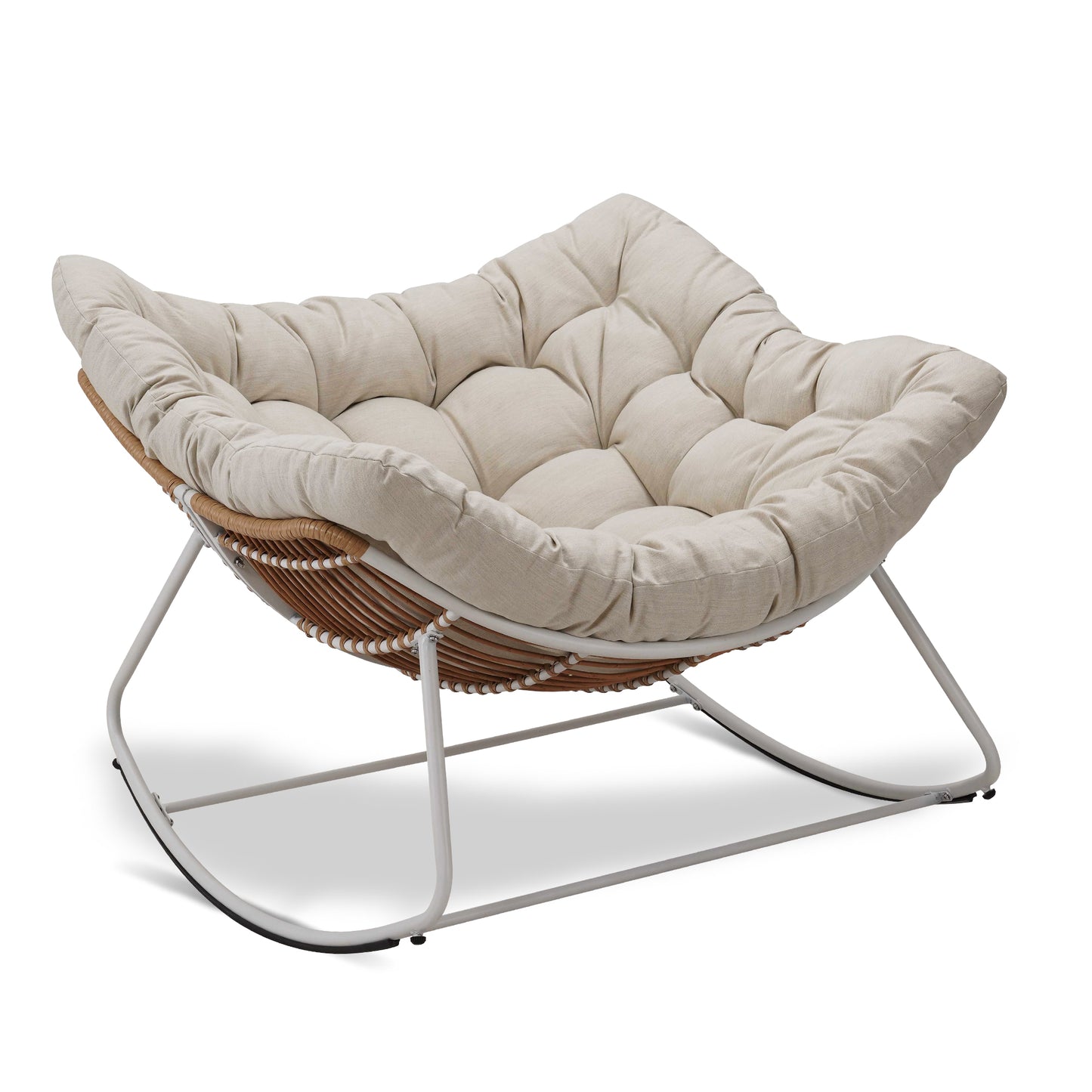 White Iron Frame Beige Cushioned Rattan Rocking Chair
