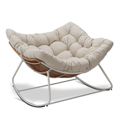 White Iron Frame Beige Cushioned Rattan Rocking Chair