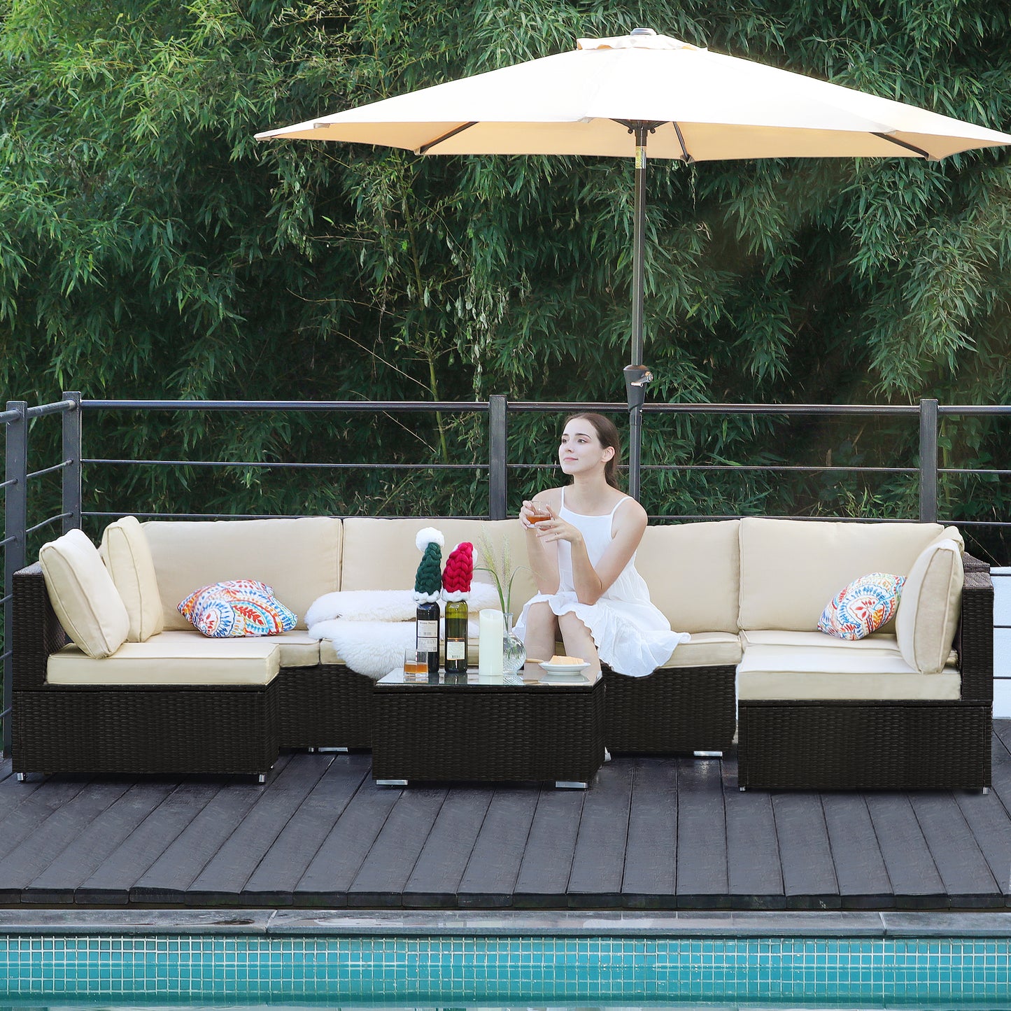 Beige Cushion Rattan Sofa 7 Piece Set