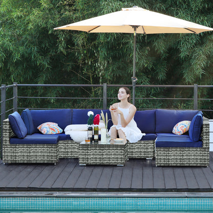 Navy Blue Cushion Rattan Sofa 7 Piece Set