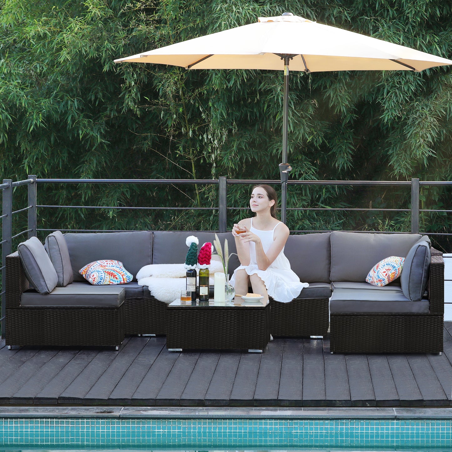 Black Cushion Rattan Sofa 7 Piece Set