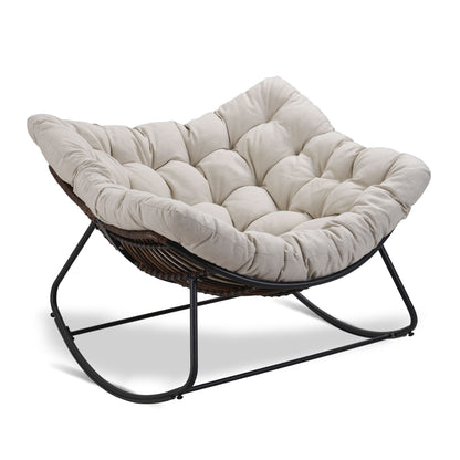 Dark Gray Iron Frame Beige Cushioned Rattan Rocking Chair