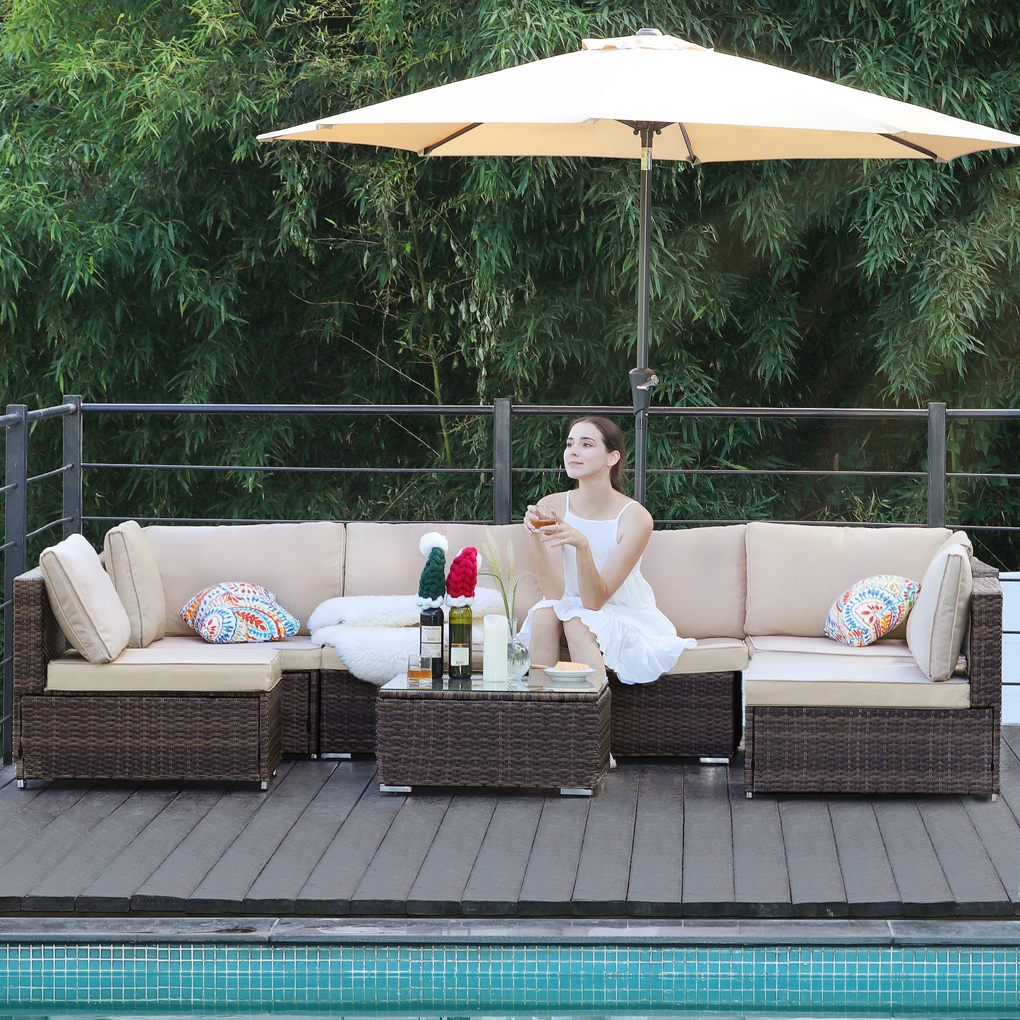 Beige Cushion Rattan Sofa 7 Piece Set