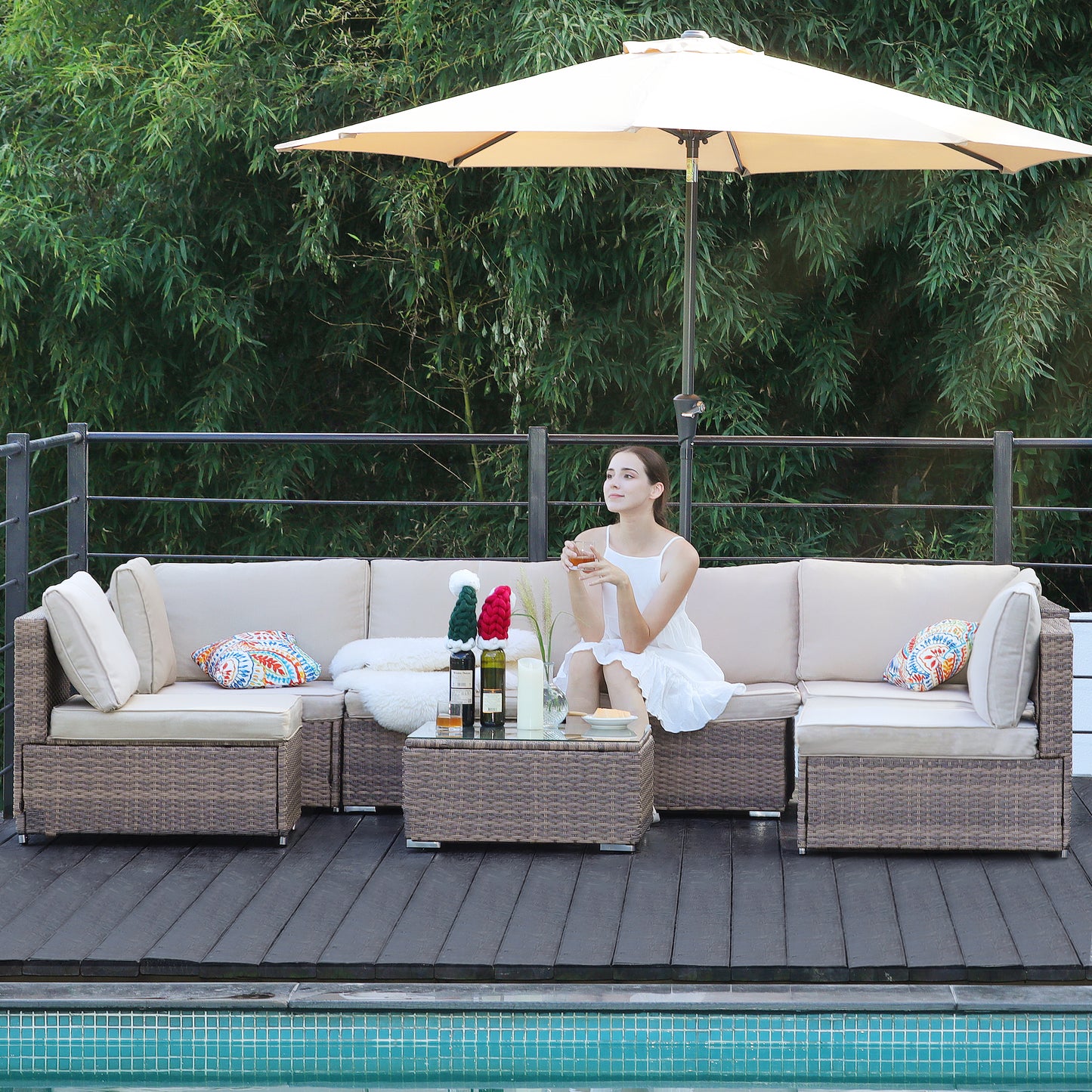 Brown Cushion Wicker Sofa 7 Piece Set