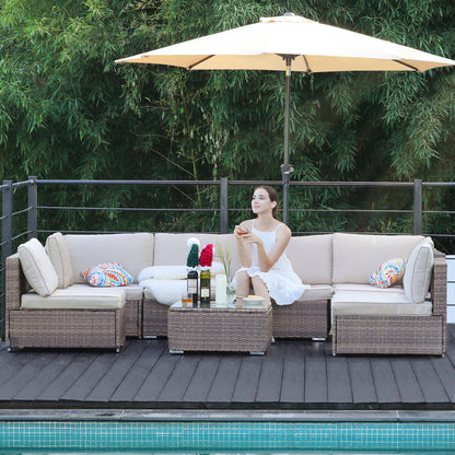 Brown Cushion Wicker Sofa 7 Piece Set