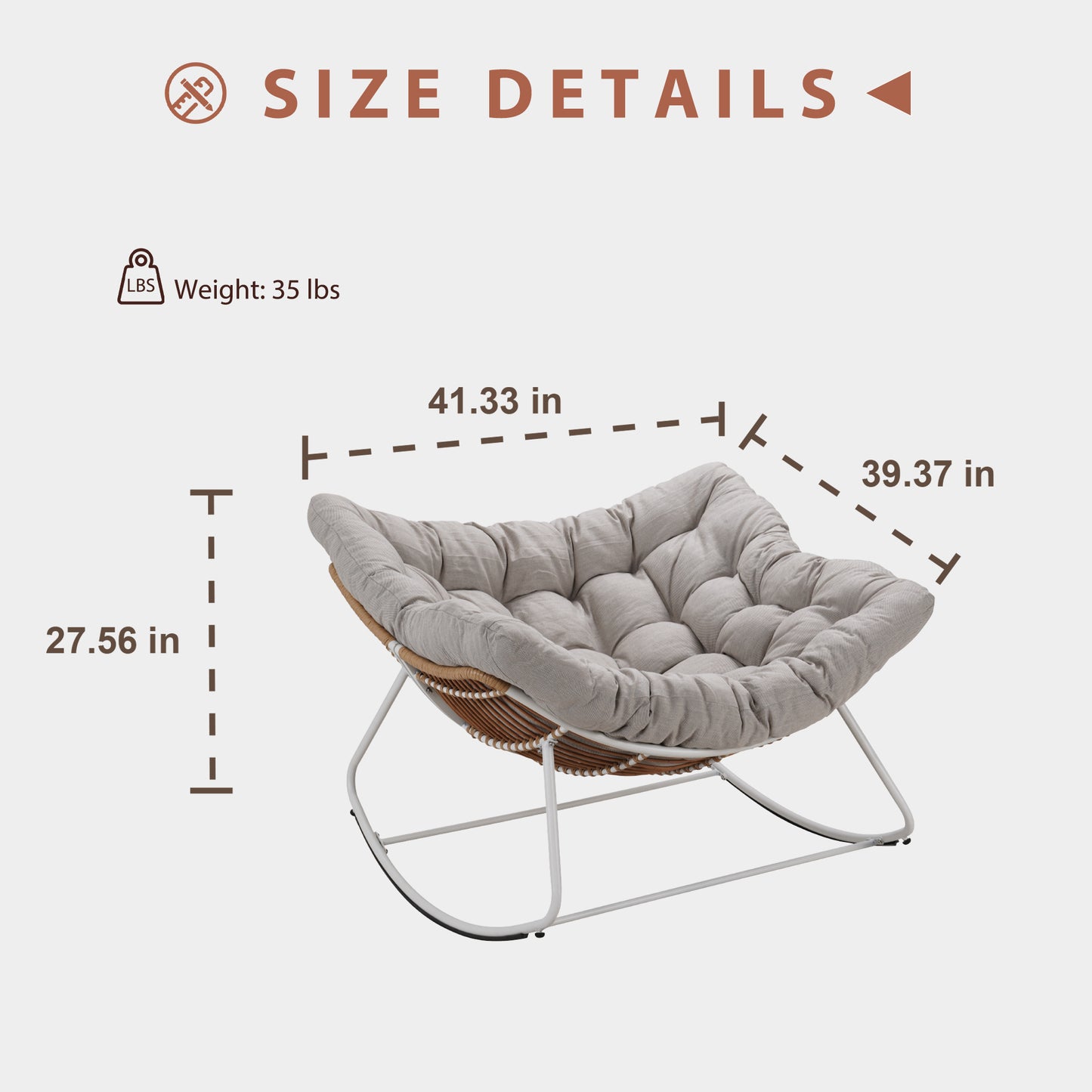 White Iron Frame Light Gray Cushioned Wicker Rocking Chair