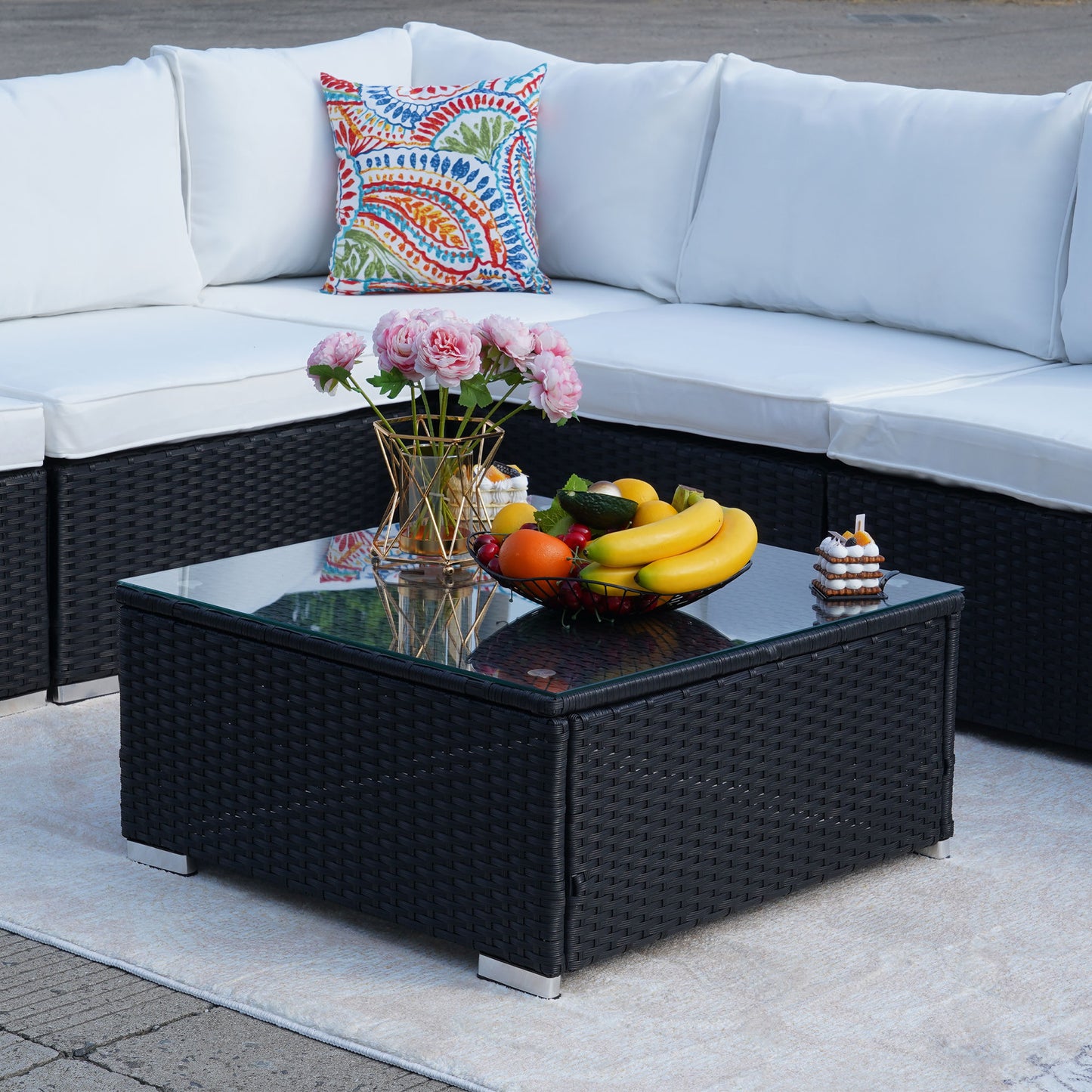 Beige Cushion Rattan Sofa 7 Piece Set