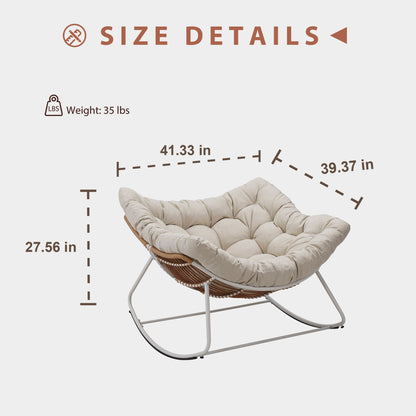 White Iron Frame Beige Cushioned Rattan Rocking Chair