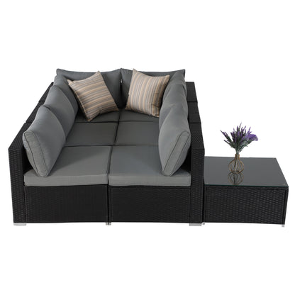 Black Cushion Rattan Sofa 7 Piece Set