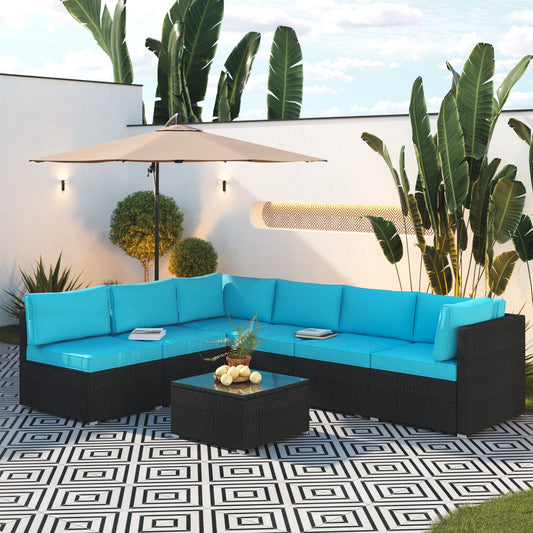 Blue Cushion Rattan Sofa 7 Piece Set