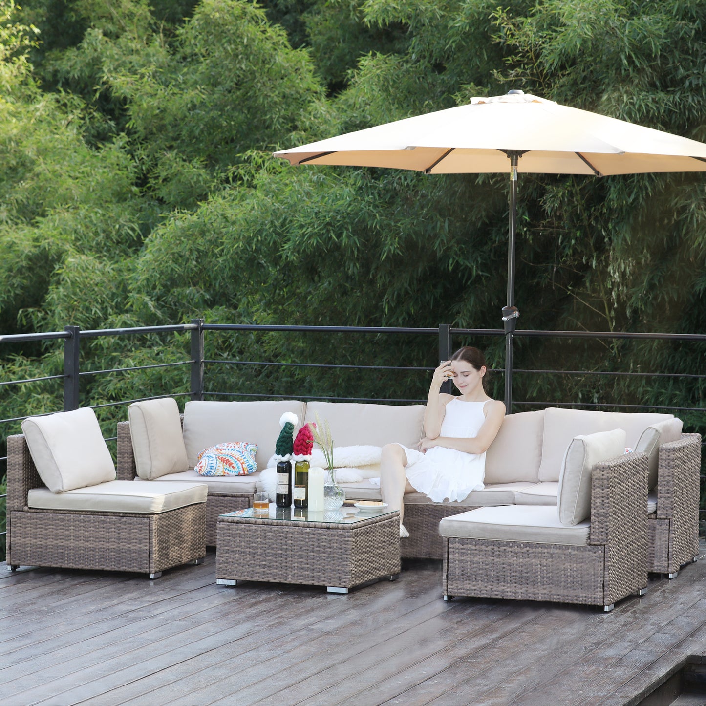 Brown Cushion Wicker Sofa 7 Piece Set