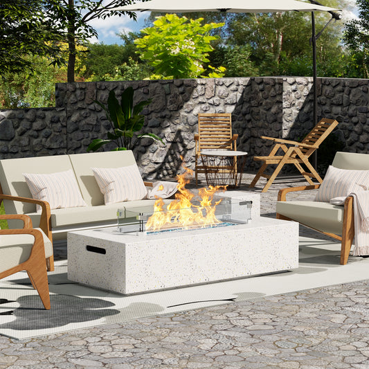 56" Terrazzo Propane Fire Pit Table, 50,000 BTU 3-Piece Outdoor Set w/ Rectangular Fire Table
