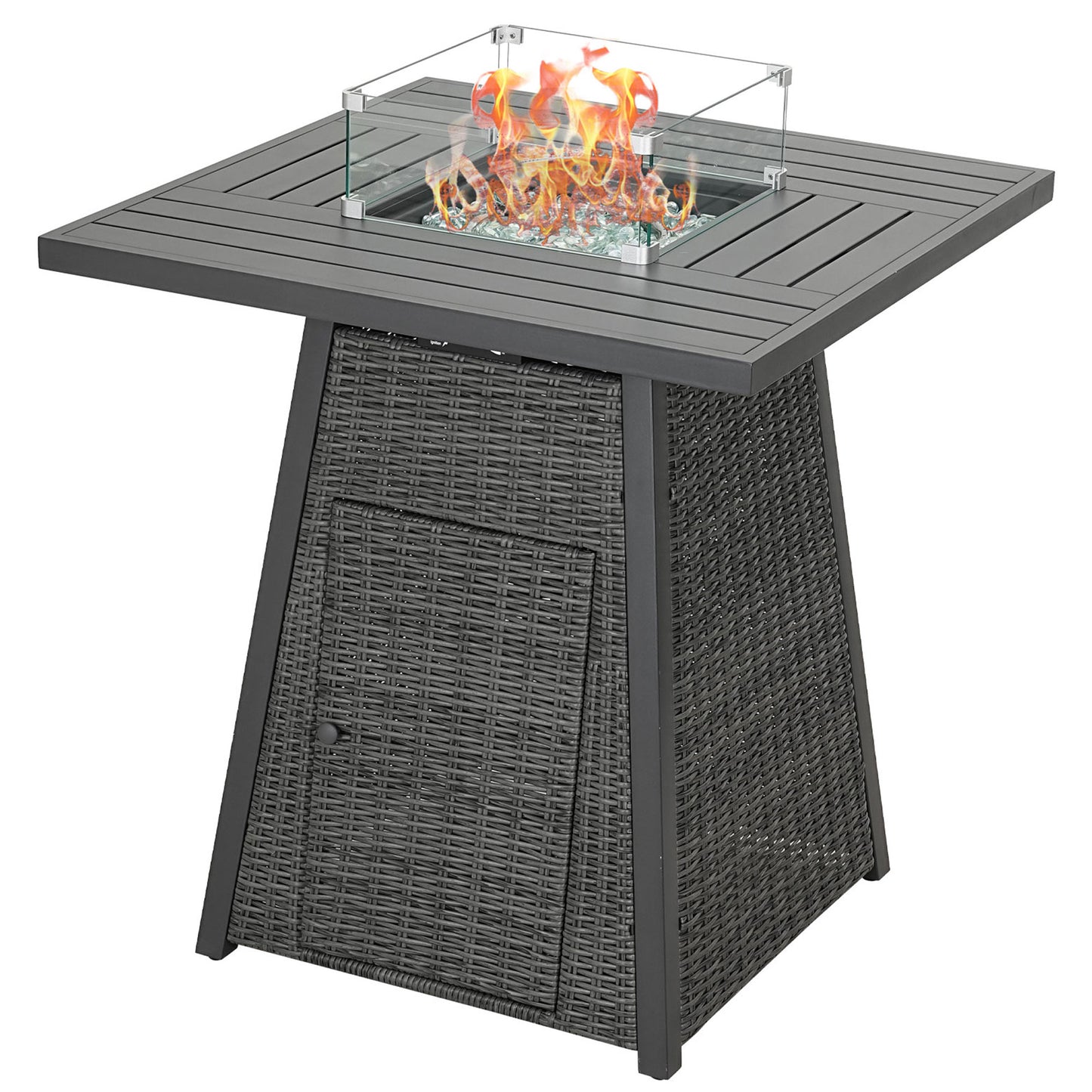 36" Square High-Top Propane Fire Pit Table – 50,000 BTU with Wicker Base, Glass Wind Guard & Rain Cover, All-Weather Patio Kit