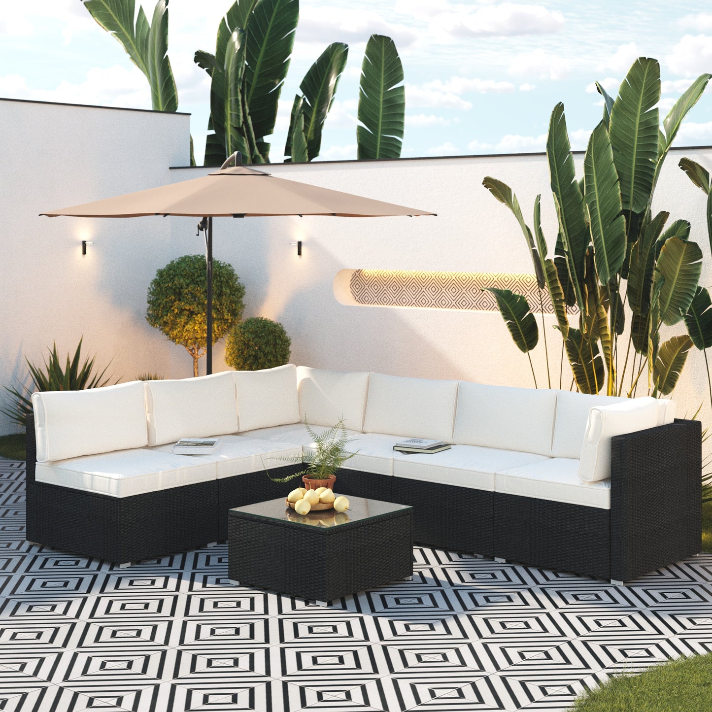 Beige Cushion Rattan Sofa 7 Piece Set