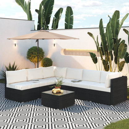 Beige Cushion Rattan Sofa 7 Piece Set